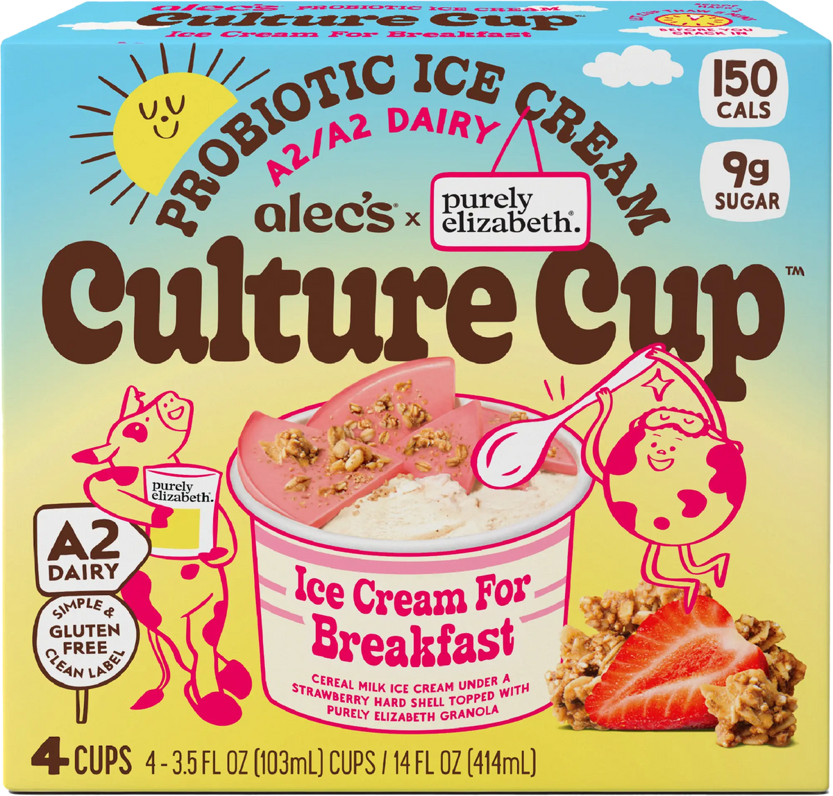 A box of Culture Cup Probiotic Ice Cream by Purely Elizabeth and Alec's, featuring a strawberry milk ice cream cup with granola and a strawberry slice on a light blue and yellow background.