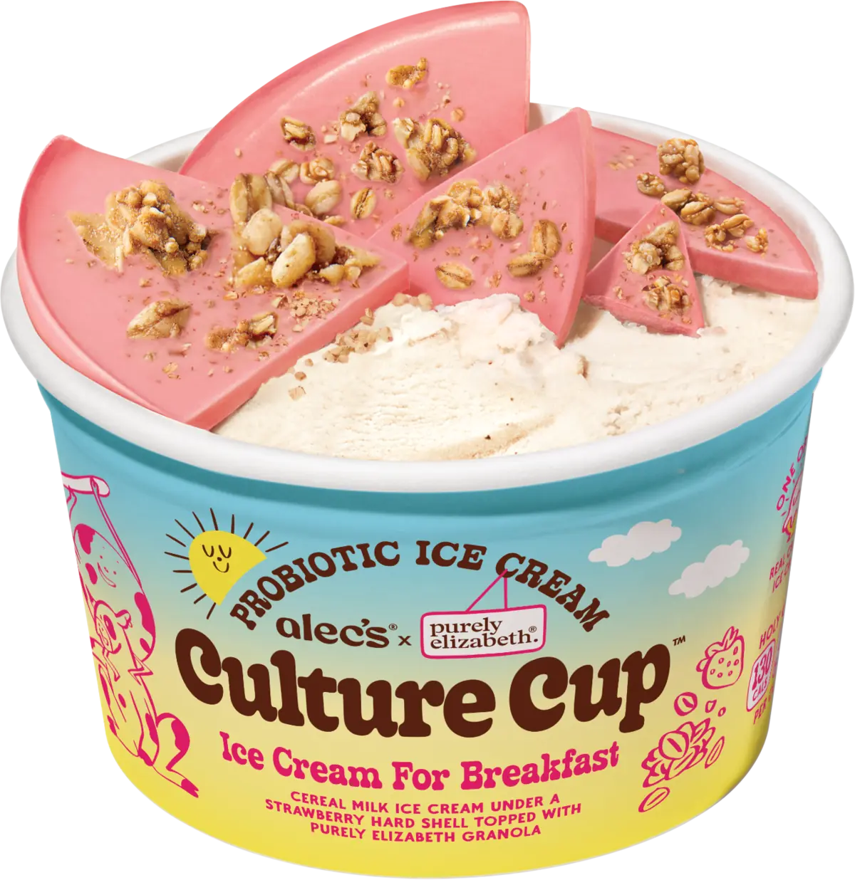 Alec's x Purely Elizabeth Culture Cup, cereal milk ice cream under a strawberry hard shell topped with granola