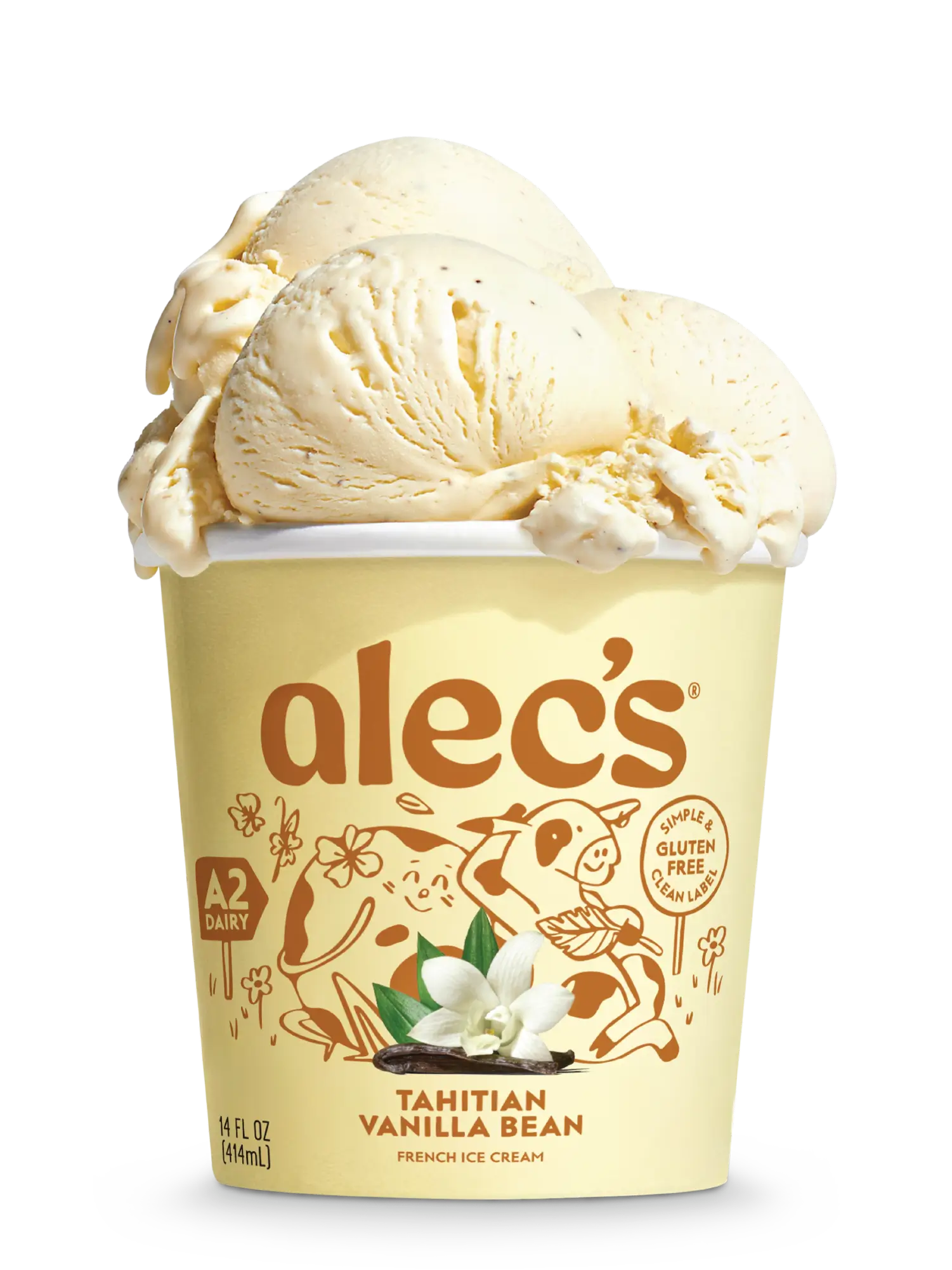 Container of Alec's Tahitian Vanilla Bean ice cream with vanilla ice cream on top.