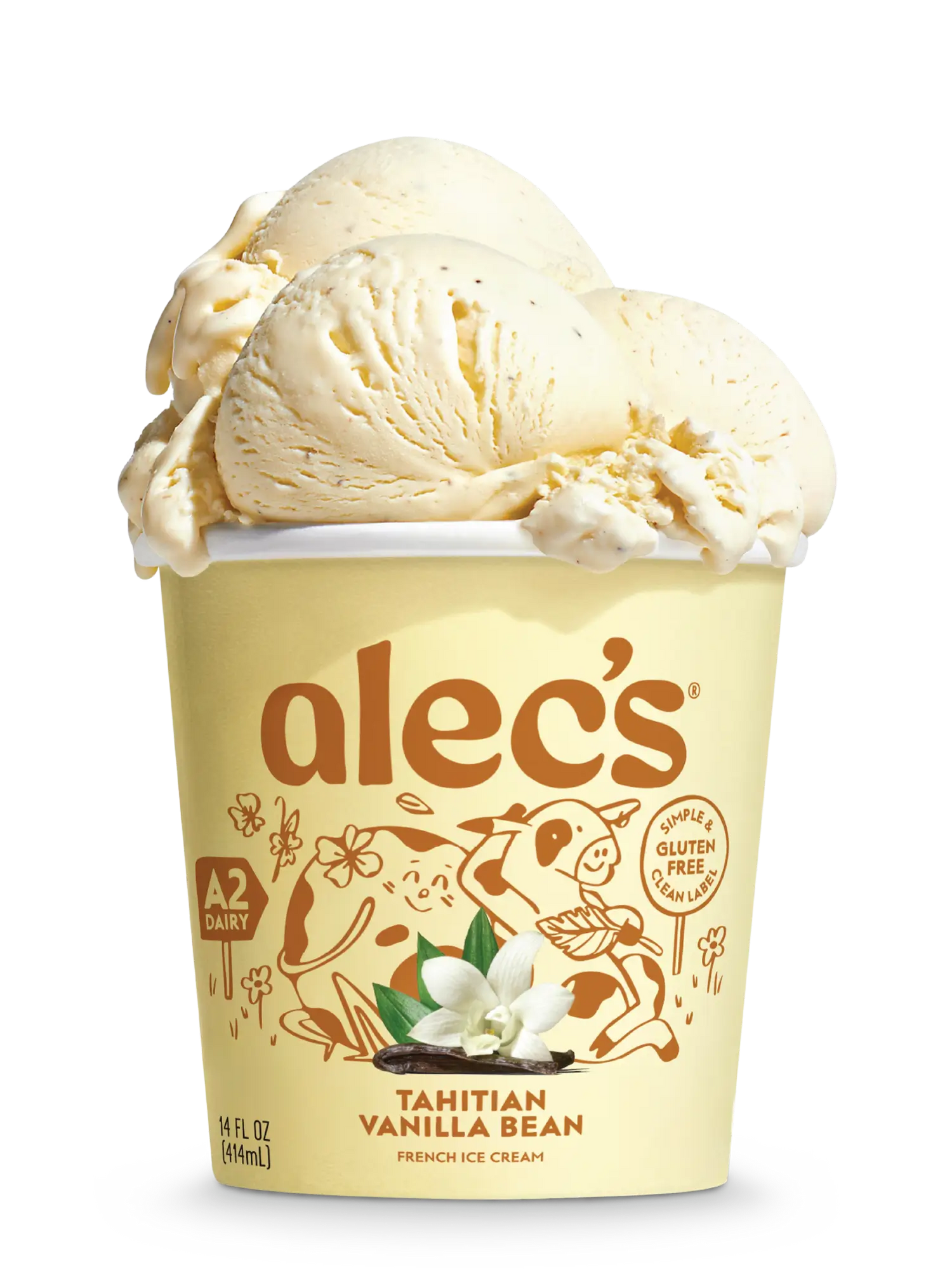 Container of Alec's Tahitian Vanilla Bean ice cream with vanilla ice cream on top.